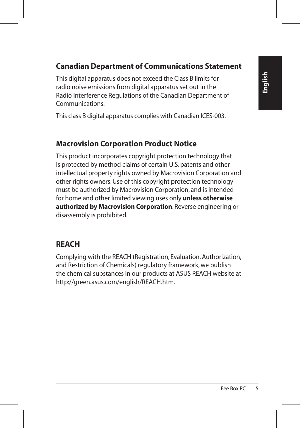 Canadian department of communications statement, Macrovision corporation product notice, Reach | Asus EB1006 User Manual | Page 5 / 172