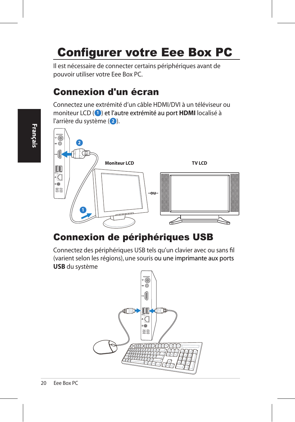 Configurer votre eee box pc, Connexion d'un écran, Connexion de périphériques usb | Asus EB1006 User Manual | Page 54 / 172