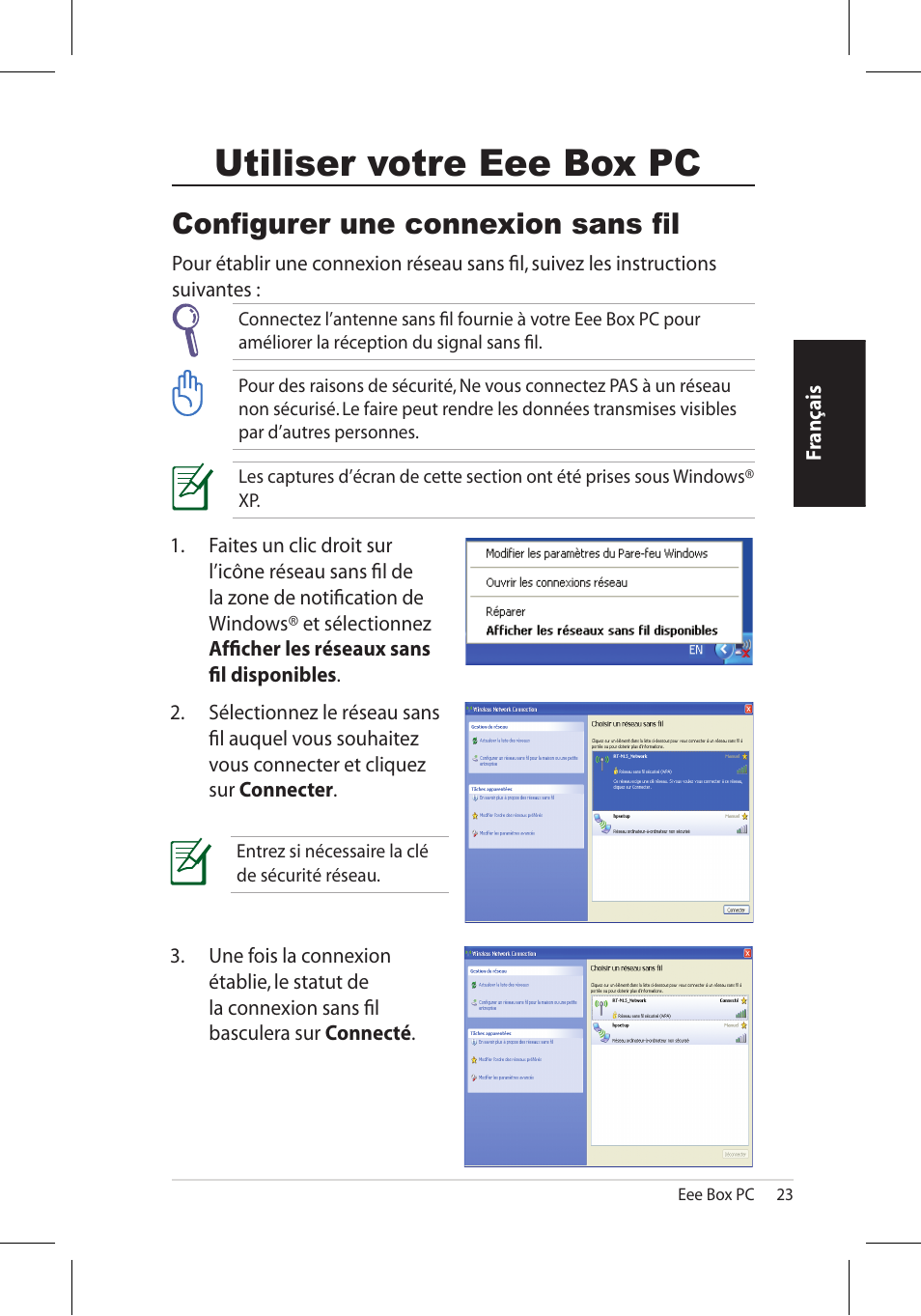 Utiliser votre eee box pc, Configurer une connexion sans fil | Asus EB1006 User Manual | Page 57 / 172