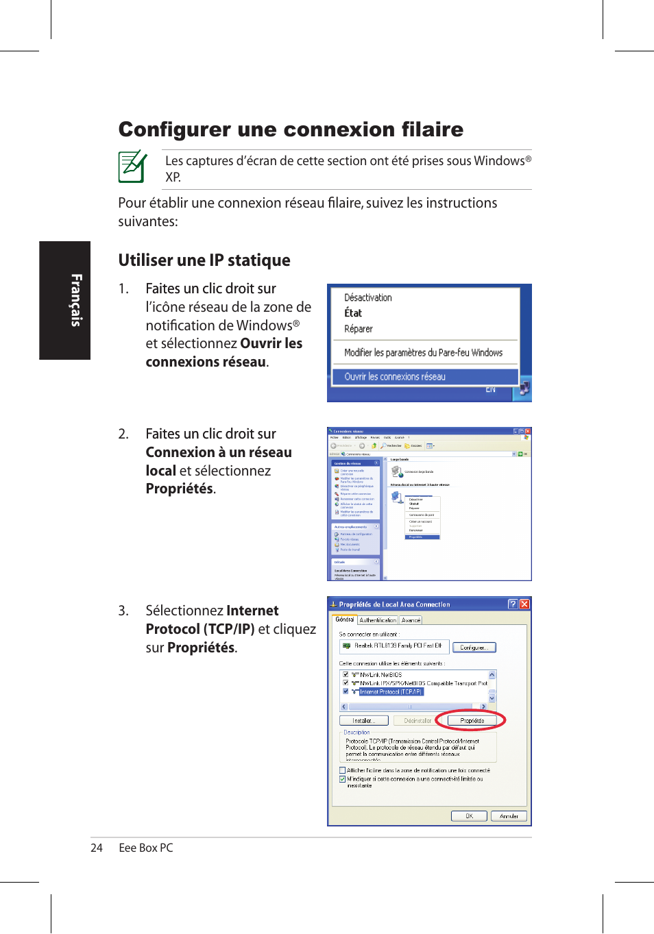 Configurer une connexion filaire, Utiliser une ip statique | Asus EB1006 User Manual | Page 58 / 172