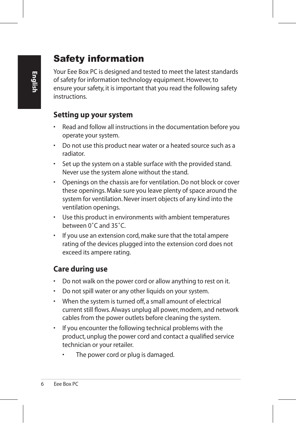 Safety information, Setting up your system, Care during use | Asus EB1006 User Manual | Page 6 / 172