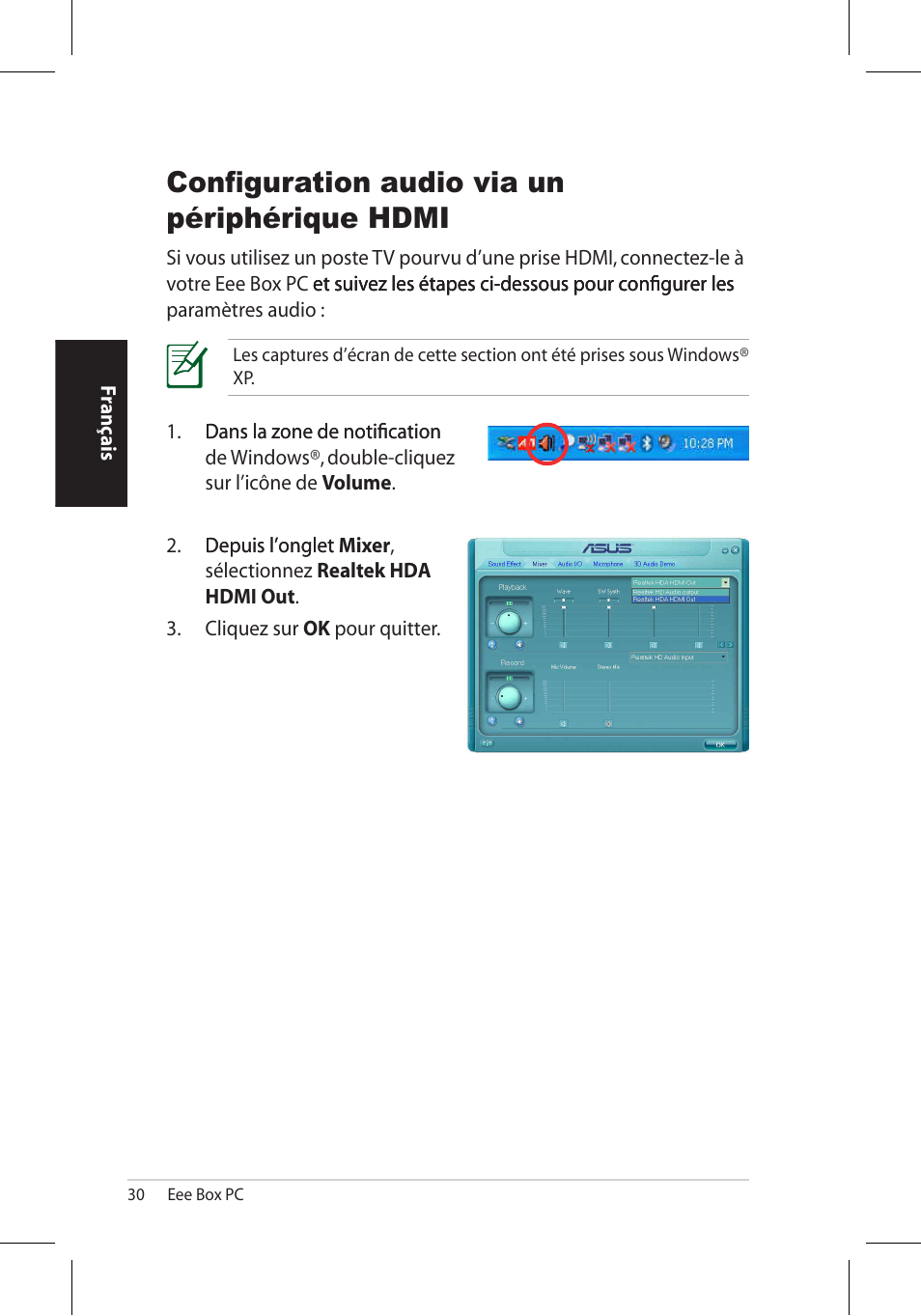 Configuration audio via un périphérique hdmi | Asus EB1006 User Manual | Page 64 / 172