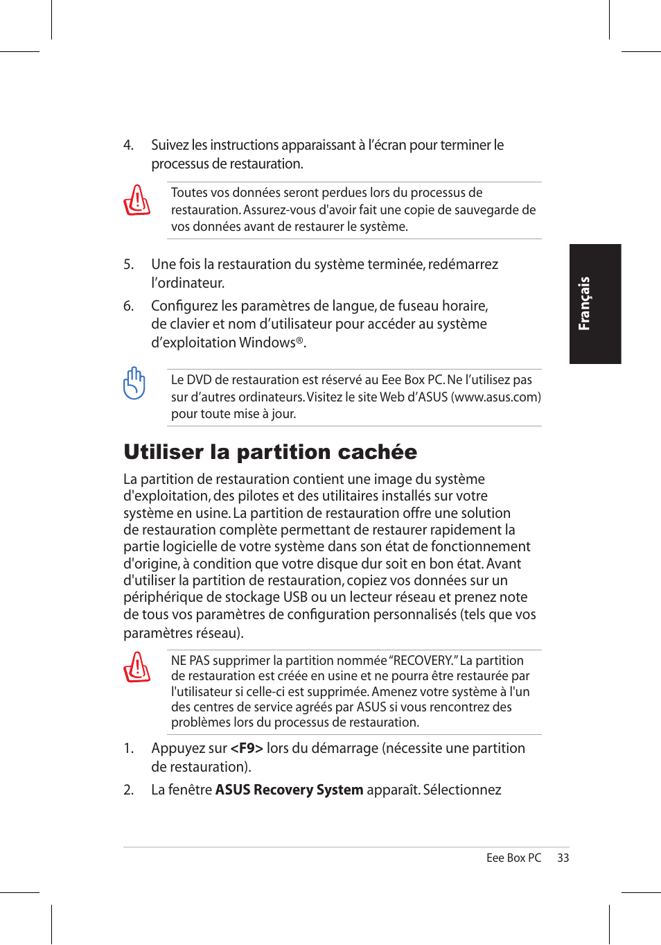 Utiliser la partition cachée | Asus EB1006 User Manual | Page 67 / 172