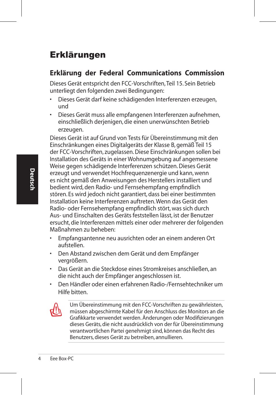 Erklärungen, Erklärung der federal communications commission | Asus EB1006 User Manual | Page 72 / 172