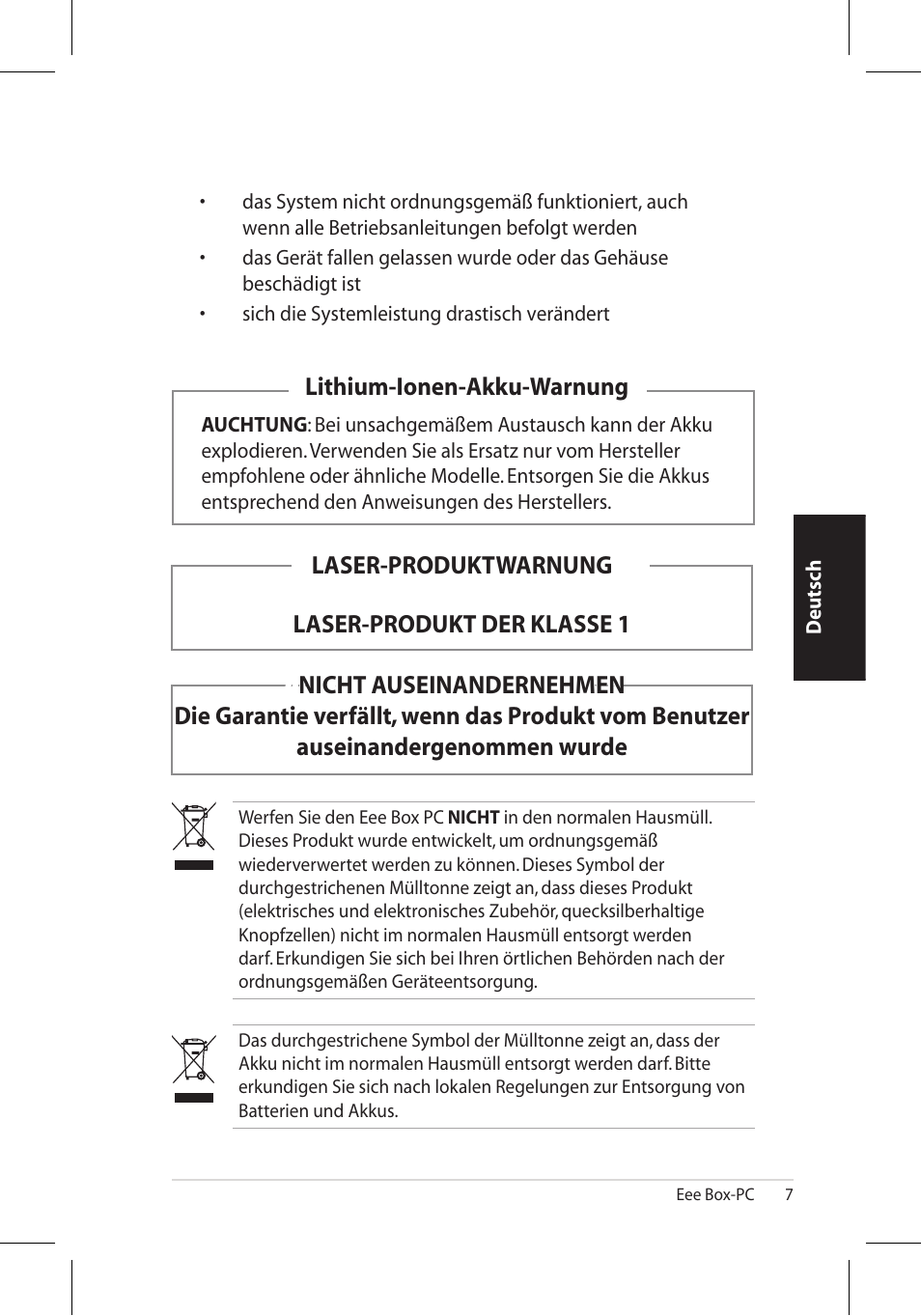 Lithium-ionen-akku-warnung, Laser-produktwarnung laser-produkt der klasse 1 | Asus EB1006 User Manual | Page 75 / 172