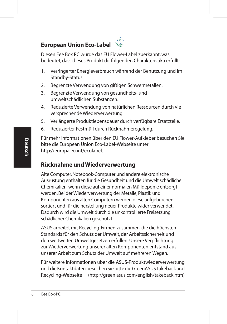 European union eco-label, Rücknahme und wiederverwertung | Asus EB1006 User Manual | Page 76 / 172