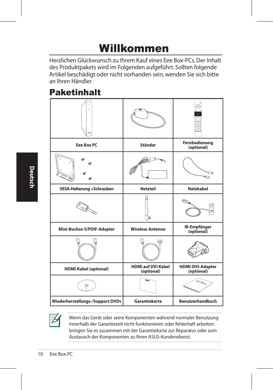 Willkommen, Paketinhalt, Deutsch | Asus EB1006 User Manual | Page 78 / 172