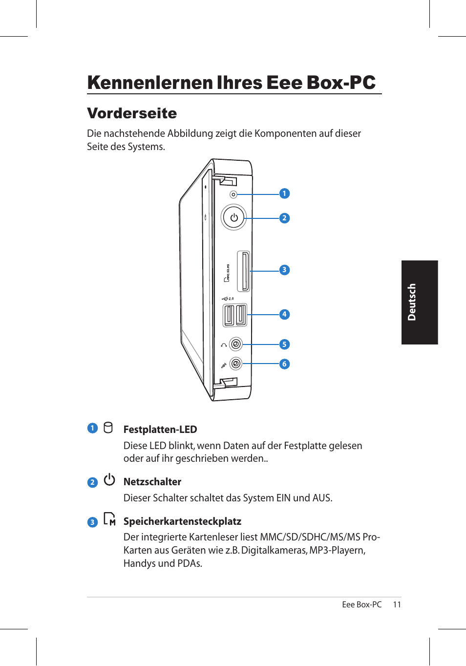 Kennenlernen ihres eee box-pc, Vorderseite | Asus EB1006 User Manual | Page 79 / 172