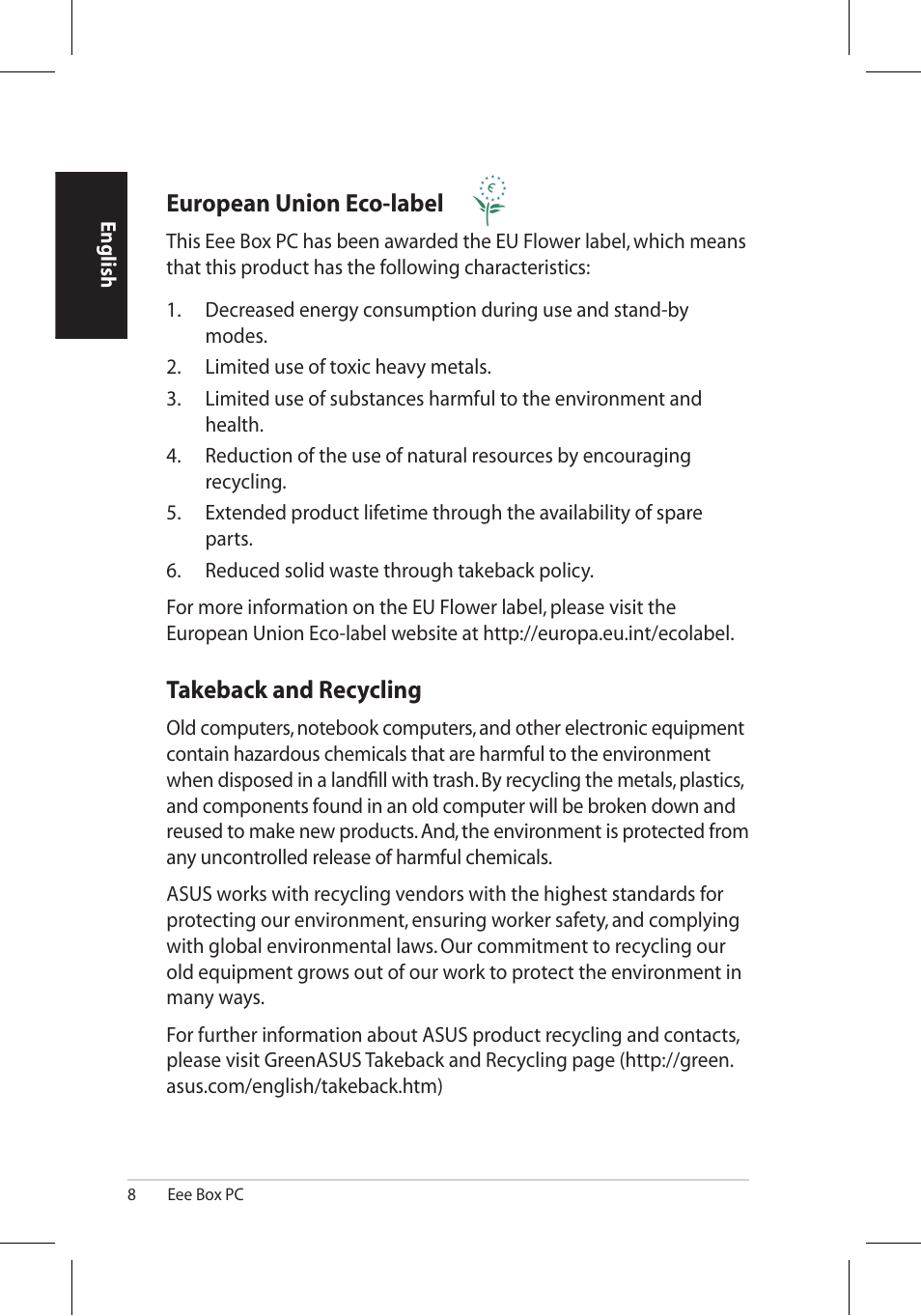 European union eco-label, Takeback and recycling | Asus EB1006 User Manual | Page 8 / 172