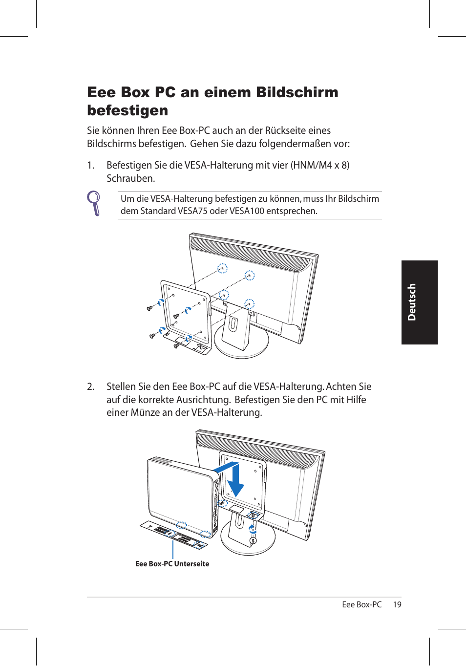Eee box pc an einem bildschirm befestigen | Asus EB1006 User Manual | Page 87 / 172