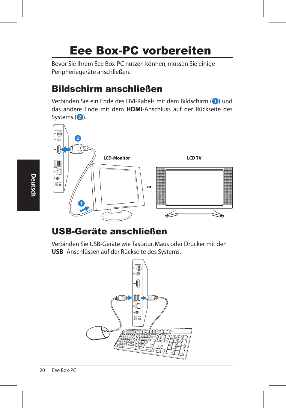 Eee box-pc vorbereiten, Bildschirm anschließen, Usb-geräte anschließen | Asus EB1006 User Manual | Page 88 / 172