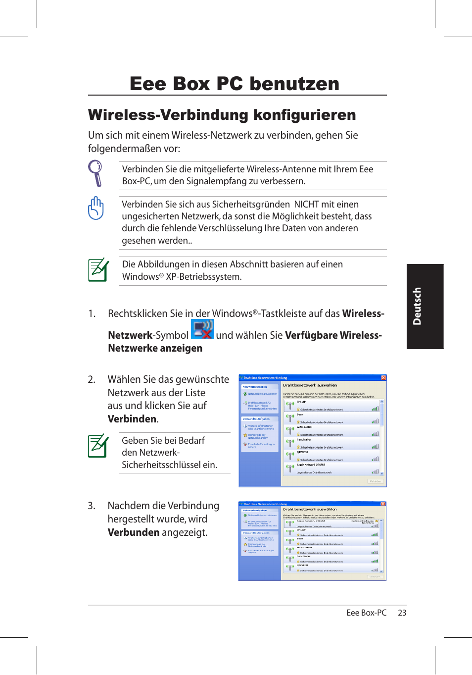Eee box pc benutzen, Wireless-verbindung konfigurieren | Asus EB1006 User Manual | Page 91 / 172