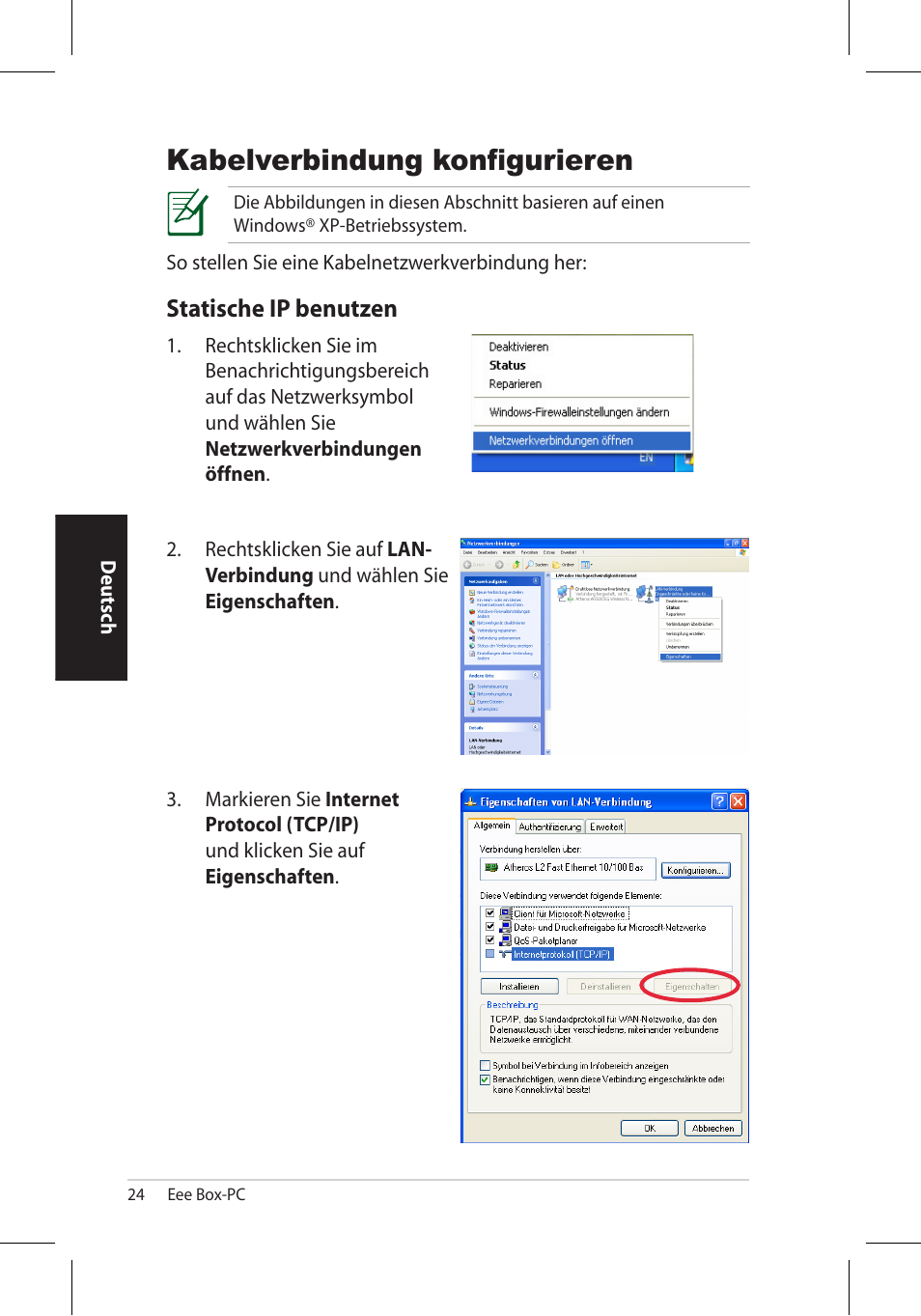 Kabelverbindung konfigurieren, Statische ip benutzen | Asus EB1006 User Manual | Page 92 / 172