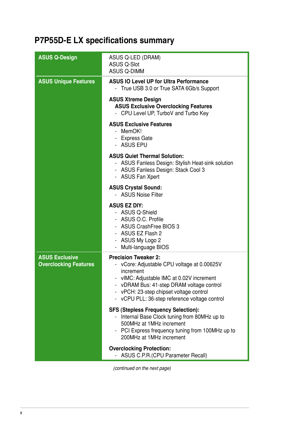 P7p55d-e lx specifications summary | Asus P7P55D-E LX User Manual | Page 10 / 70