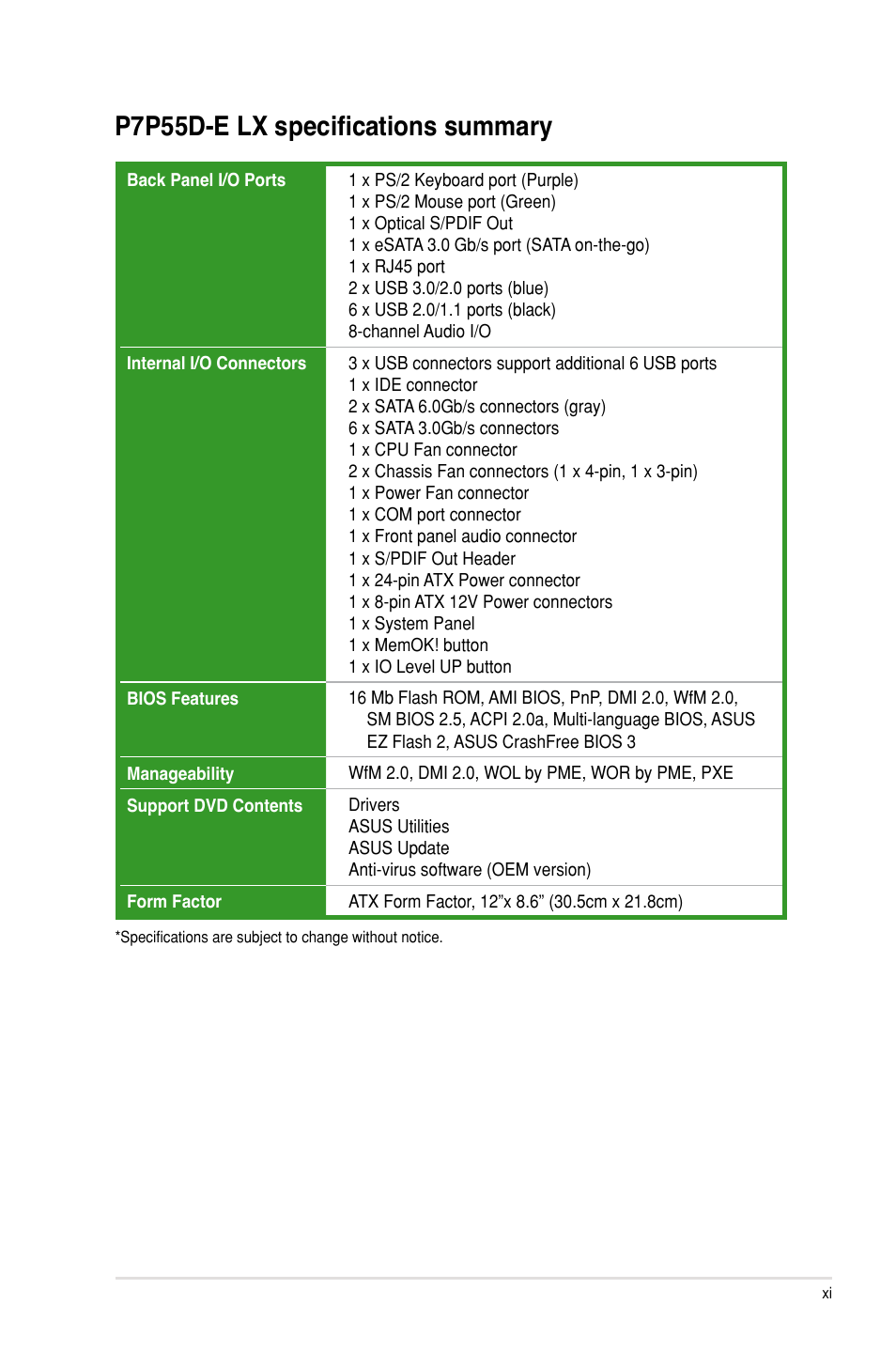 P7p55d-e lx specifications summary | Asus P7P55D-E LX User Manual | Page 11 / 70