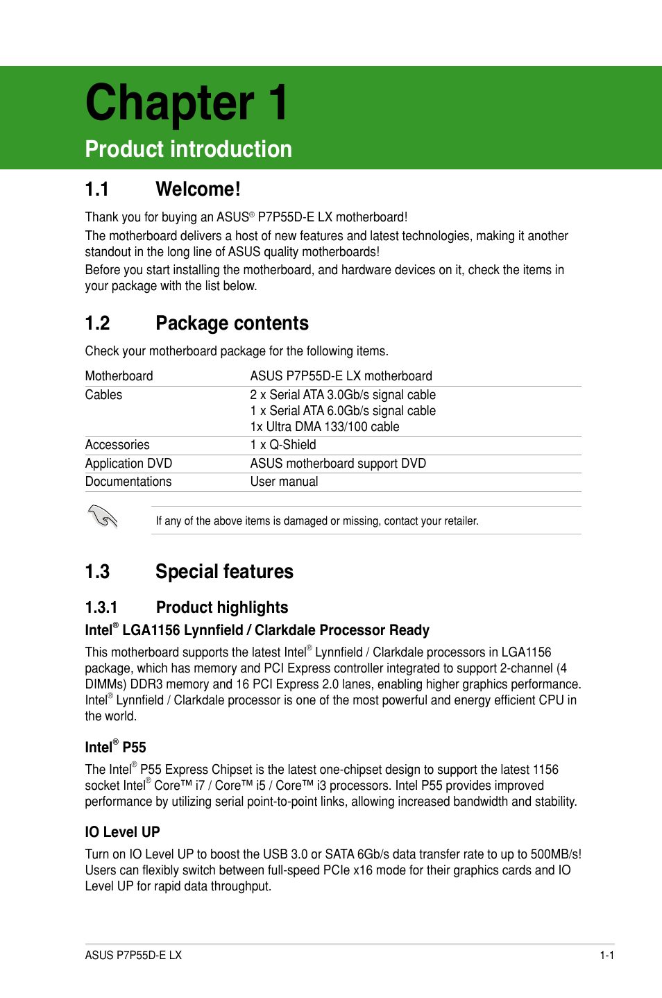 Chapter 1: product introduction, 1 welcome, 2 package contents | 3 special features, 1 product highlights, Chapter 1, Product introduction, Welcome! -1, Package contents -1, Special features -1 1.3.1 | Asus P7P55D-E LX User Manual | Page 13 / 70