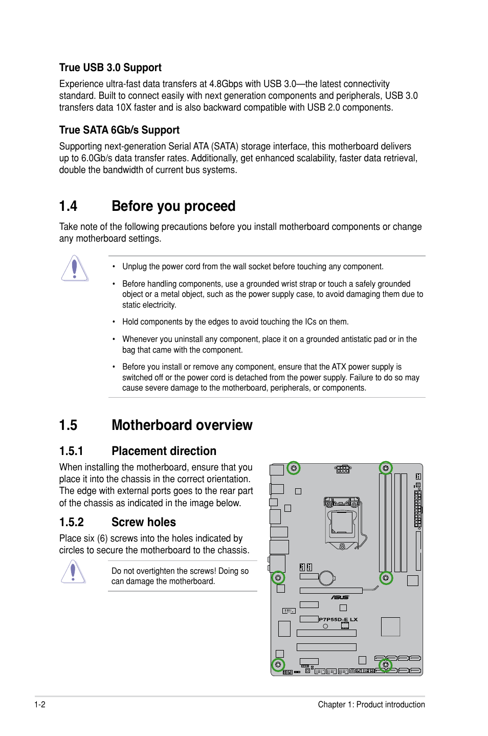 4 before you proceed, 5 motherboard overview, 1 placement direction | 2 screw holes, Before you proceed -2, Motherboard overview -2 1.5.1, Placement direction -2, Screw holes -2 | Asus P7P55D-E LX User Manual | Page 14 / 70