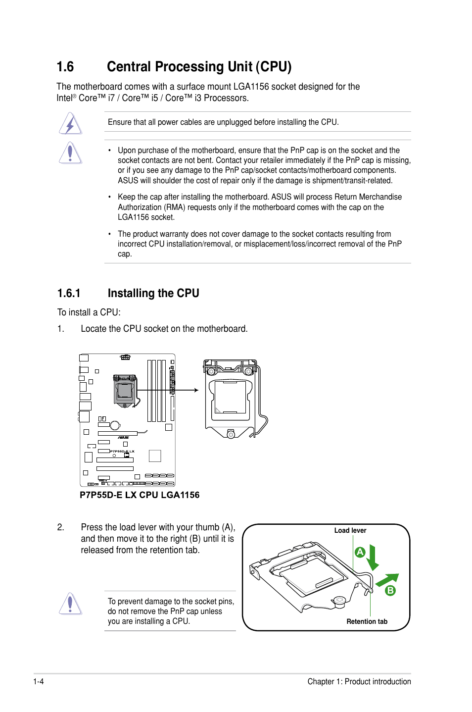 6 central processing unit (cpu), 1 installing the cpu, Central processing unit (cpu) -4 1.6.1 | Installing the cpu -4 | Asus P7P55D-E LX User Manual | Page 16 / 70