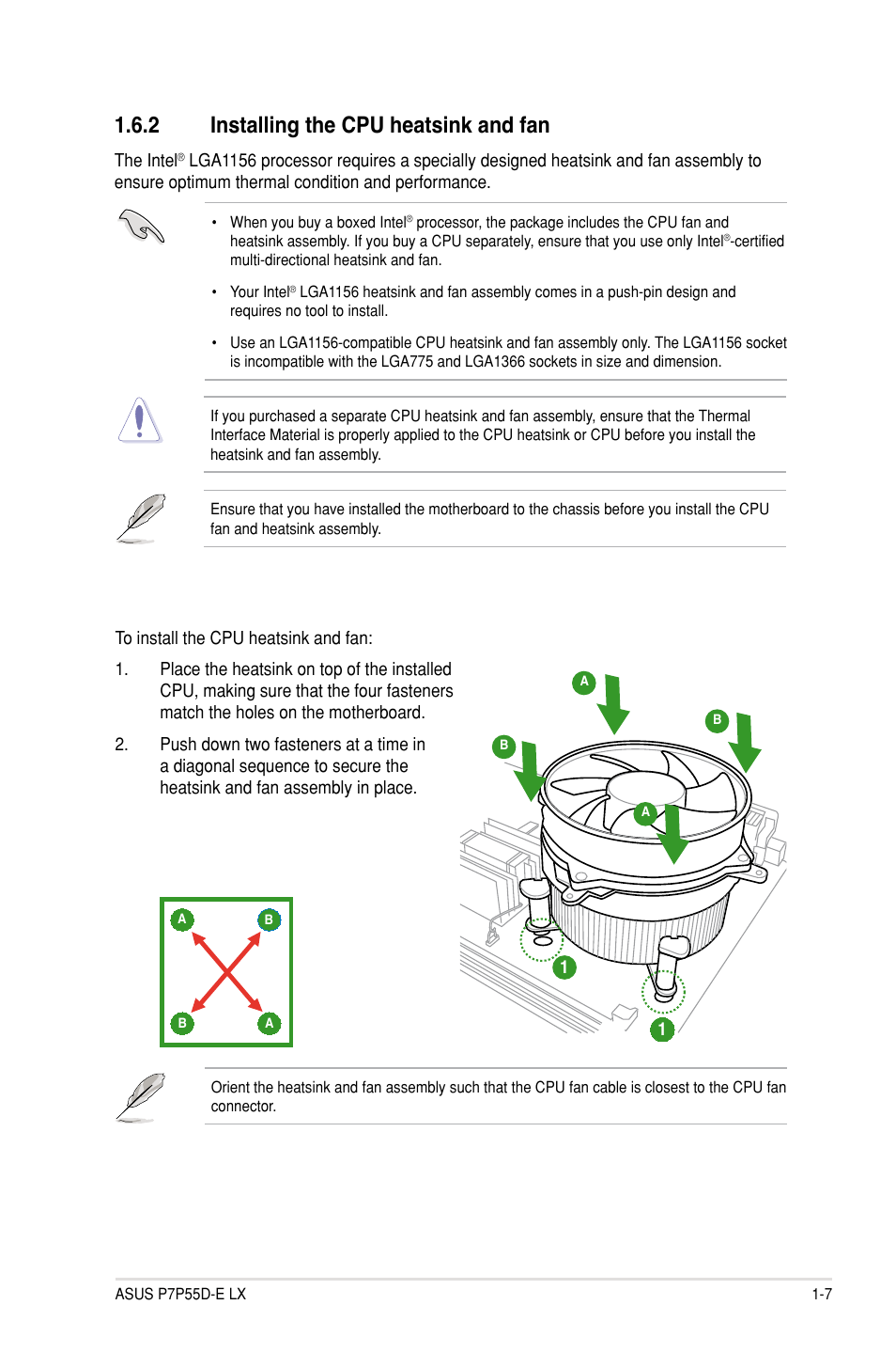 2 installing the cpu heatsink and fan, Installing the cpu heatsink and fan -7 | Asus P7P55D-E LX User Manual | Page 19 / 70