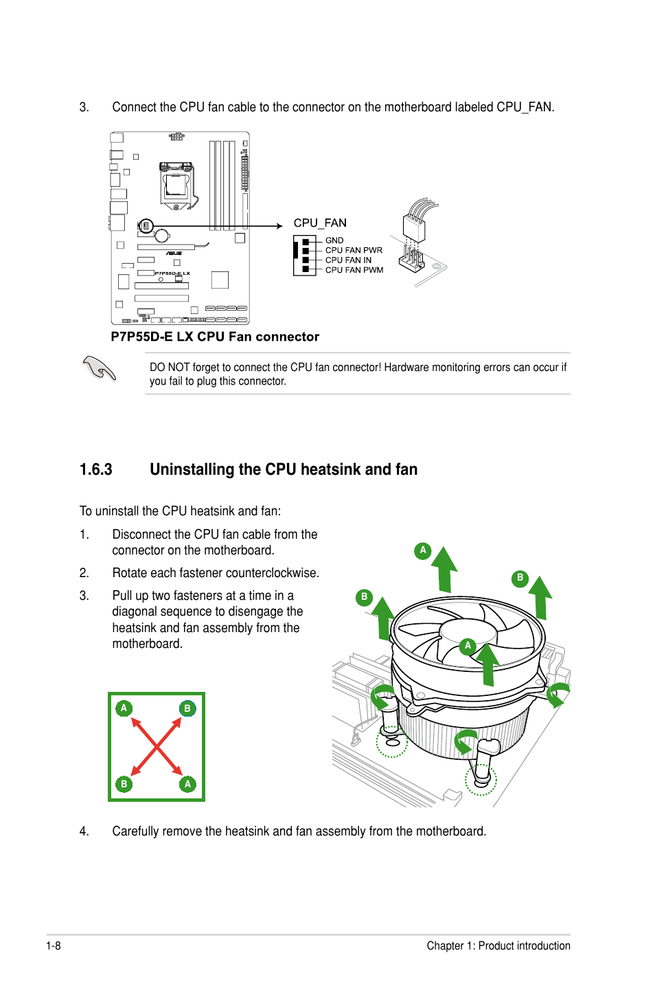 3 uninstalling the cpu heatsink and fan, Uninstalling the cpu heatsink and fan -8 | Asus P7P55D-E LX User Manual | Page 20 / 70