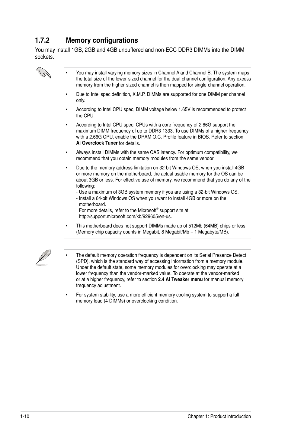 2 memory configurations, Memory configurations -10 | Asus P7P55D-E LX User Manual | Page 22 / 70