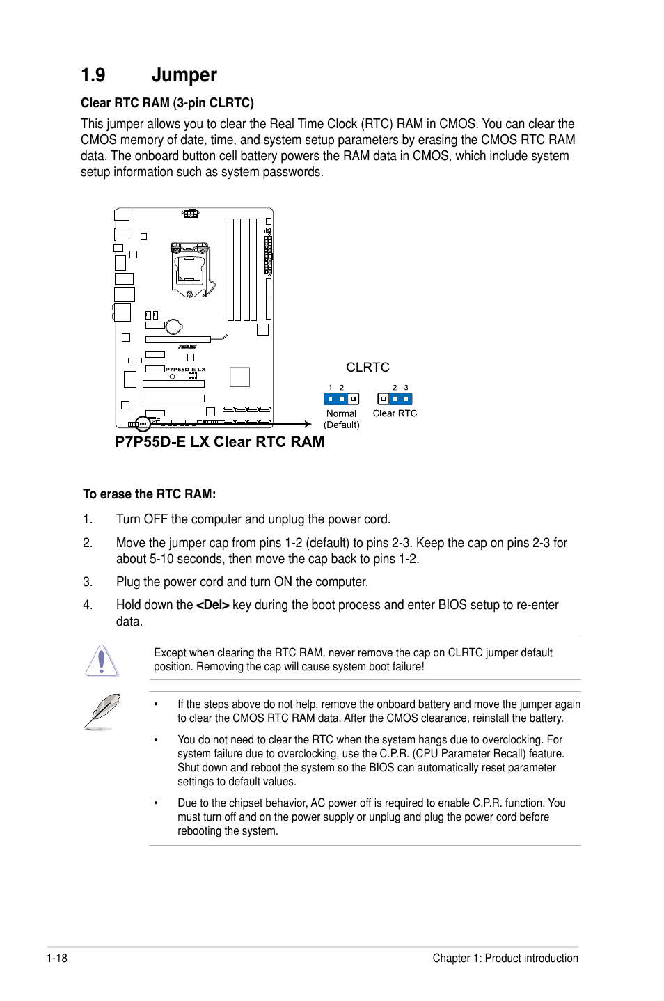 9 jumper, Jumper -18 | Asus P7P55D-E LX User Manual | Page 30 / 70