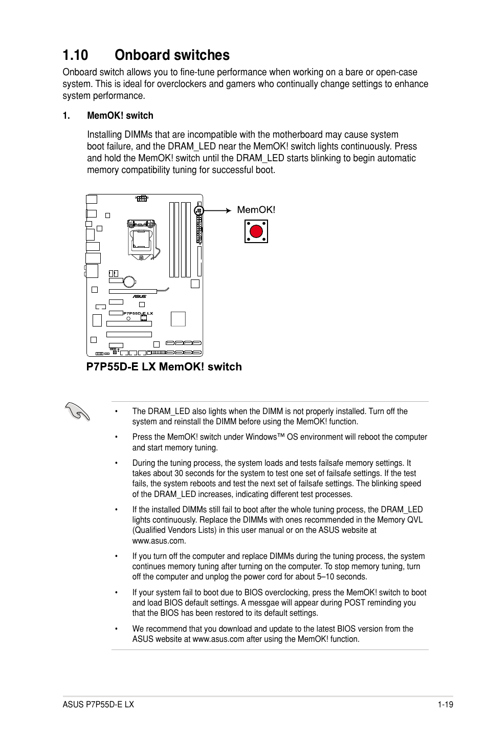 10 onboard switches, 10 onboard switches -19 | Asus P7P55D-E LX User Manual | Page 31 / 70