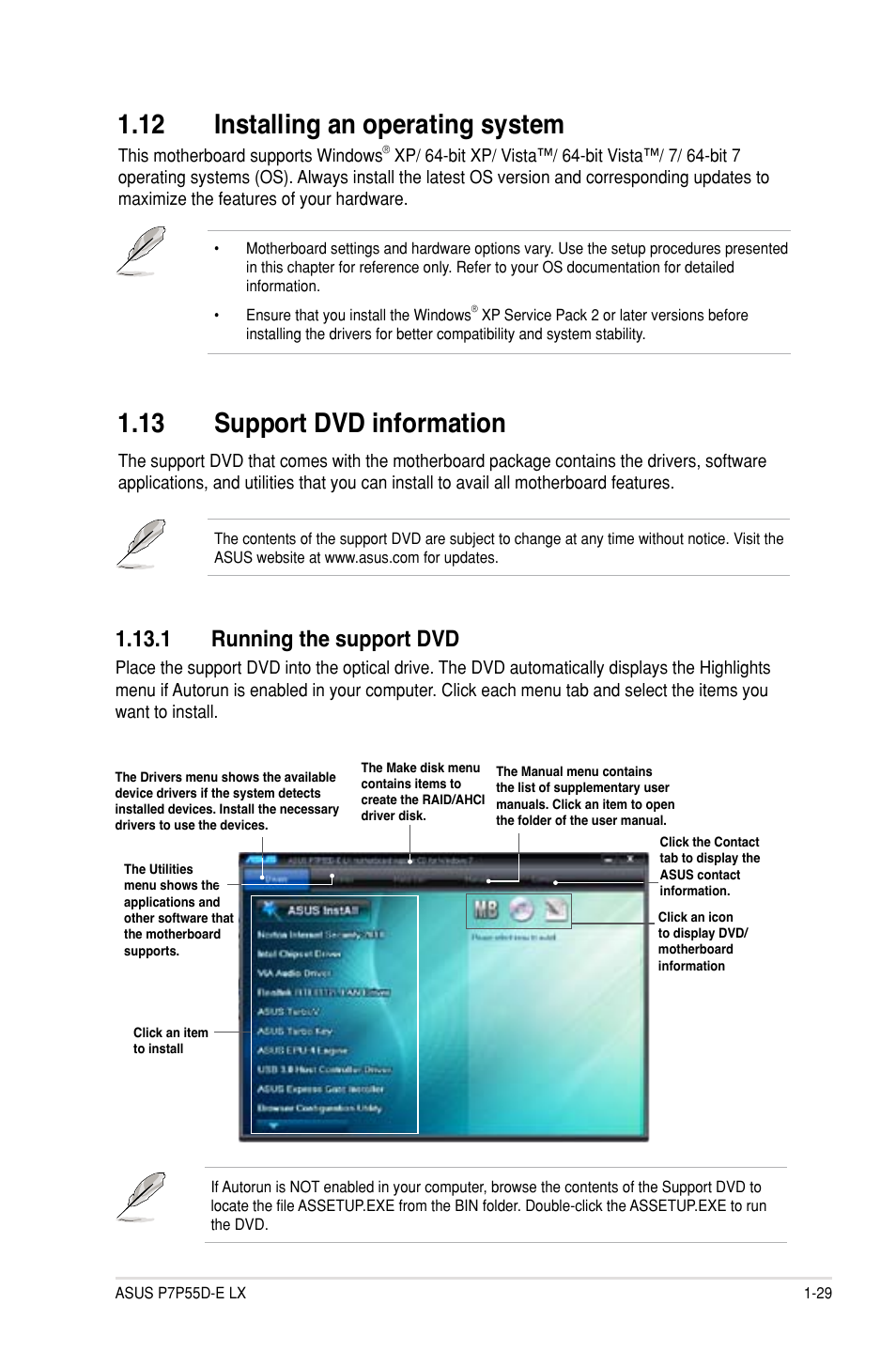 12 installing an operating system, 13 support dvd information, 1 running the support dvd | 1 running the support dvd -29 | Asus P7P55D-E LX User Manual | Page 41 / 70