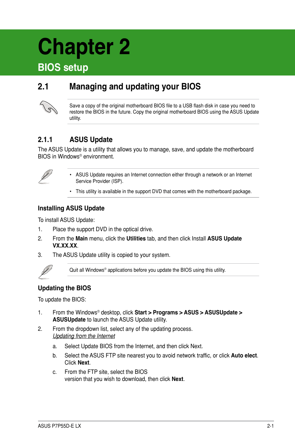 Chapter 2: bios setup, 1 managing and updating your bios, 1 asus update | Chapter 2, Bios setup, Managing and updating your bios -1 2.1.1, Asus update -1 | Asus P7P55D-E LX User Manual | Page 43 / 70