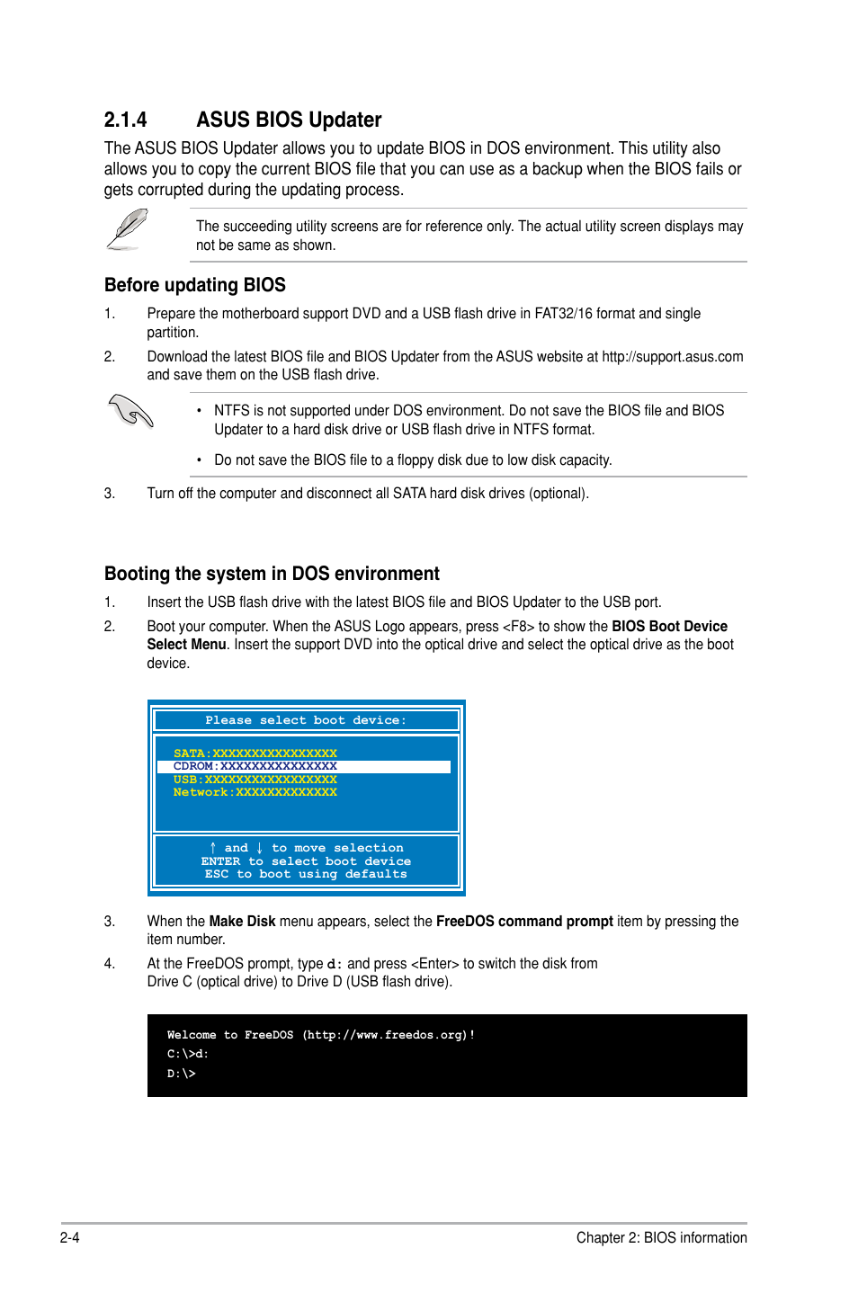 4 asus bios updater, Asus bios updater -4, Booting the system in dos environment | Before updating bios | Asus P7P55D-E LX User Manual | Page 46 / 70