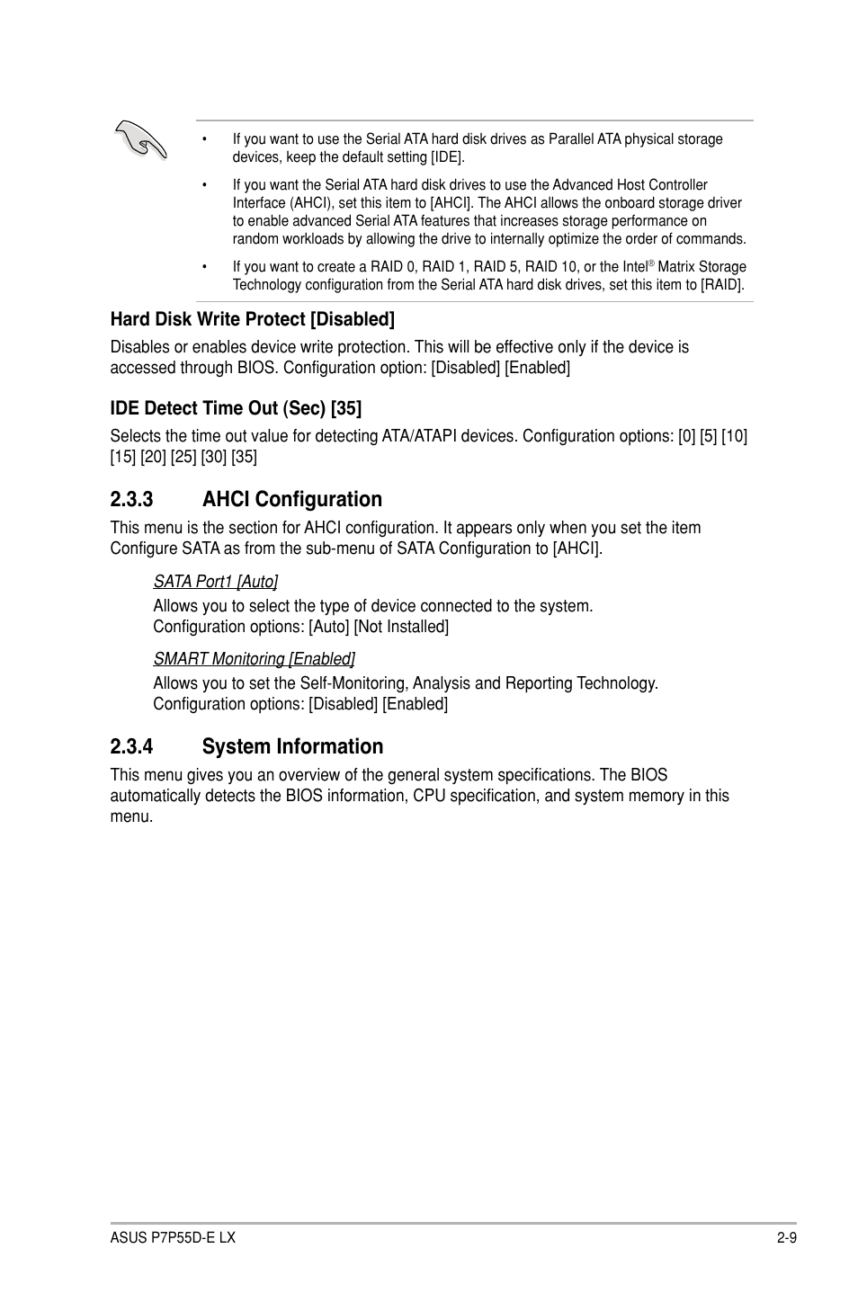 3 ahci configuration, 4 system information, Ahci configuration -9 | System information -9 | Asus P7P55D-E LX User Manual | Page 51 / 70