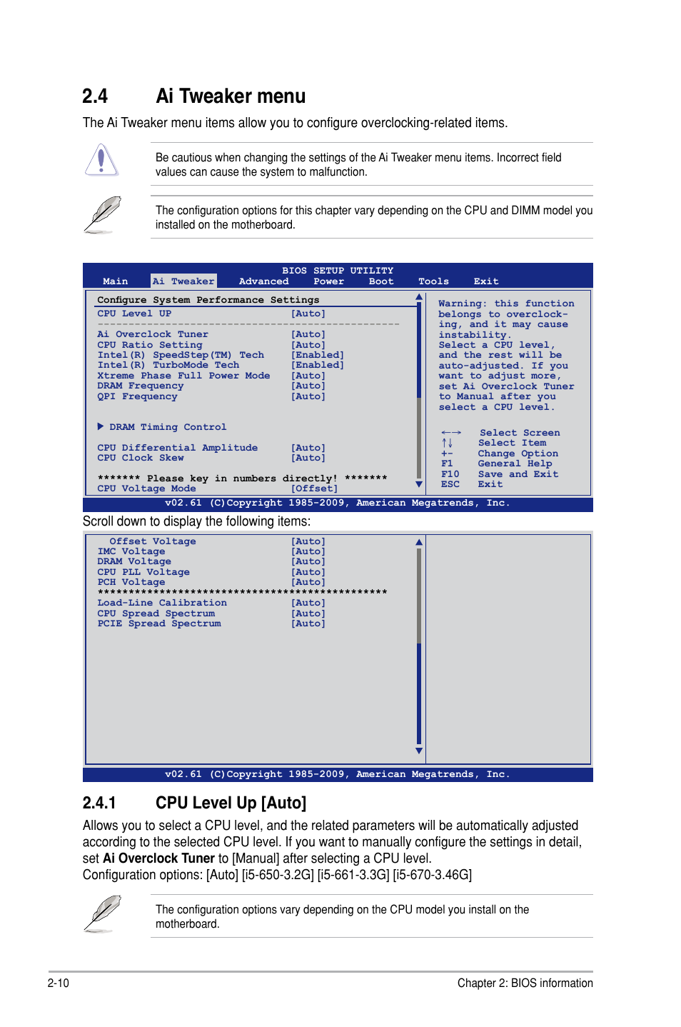 4 ai tweaker menu, 1 cpu level up [auto, Ai tweaker menu -10 2.4.1 | Cpu level up -10, Scroll down to display the following items | Asus P7P55D-E LX User Manual | Page 52 / 70