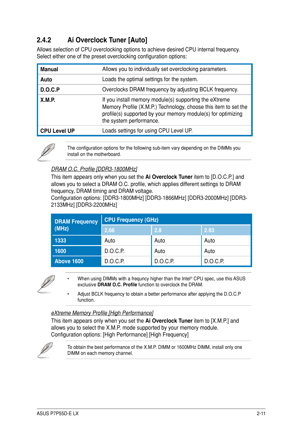 2 ai overclock tuner [auto, Ai overclock tuner -11 | Asus P7P55D-E LX User Manual | Page 53 / 70