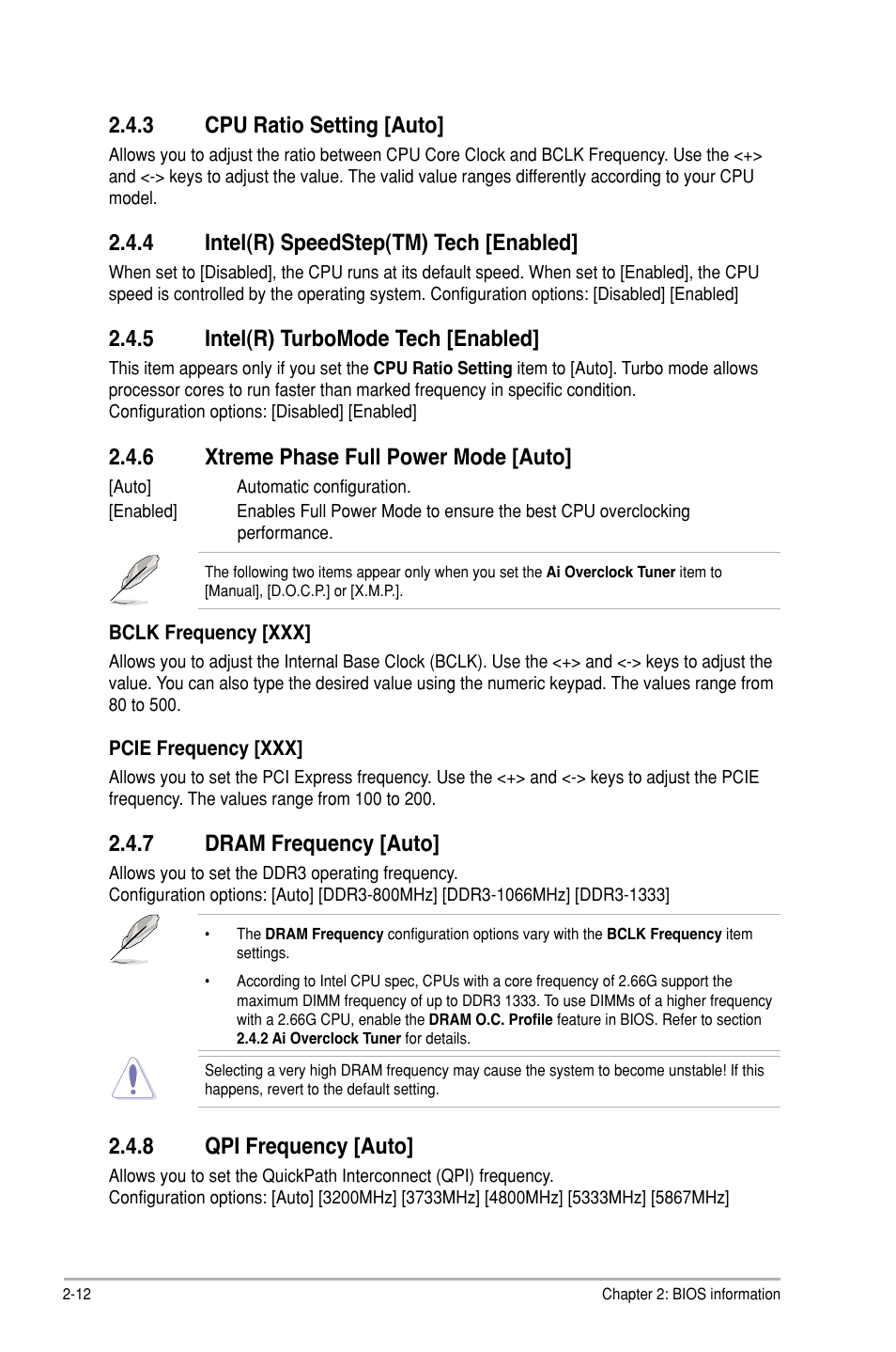 3 cpu ratio setting [auto, 4 intel(r) speedstep(tm) tech [enabled, 5 intel(r) turbomode tech [enabled | 6 xtreme phase full power mode [auto, 7 dram frequency [auto, 8 qpi frequency [auto, Cpu ratio setting -12, Intel(r) speedstep(tm) tech -12, Intel(r) turbomode tech -12, Xtreme phase full power mode -12 | Asus P7P55D-E LX User Manual | Page 54 / 70