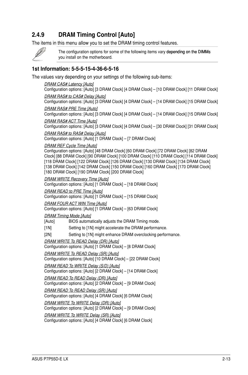 9 dram timing control [auto, Dram timing control -13 | Asus P7P55D-E LX User Manual | Page 55 / 70