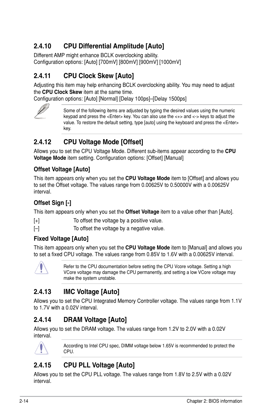 10 cpu differential amplitude [auto, 11 cpu clock skew [auto, 12 cpu voltage mode [offset | 13 imc voltage [auto, 14 dram voltage [auto, 15 cpu pll voltage [auto | Asus P7P55D-E LX User Manual | Page 56 / 70