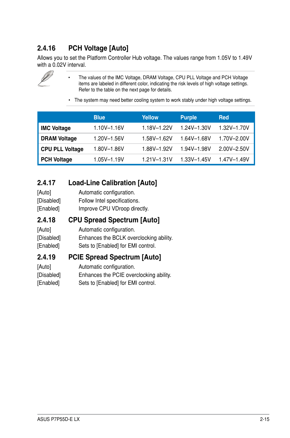 16 pch voltage [auto, 17 load-line calibration [auto, 18 cpu spread spectrum [auto | 19 pcie spread spectrum [auto | Asus P7P55D-E LX User Manual | Page 57 / 70