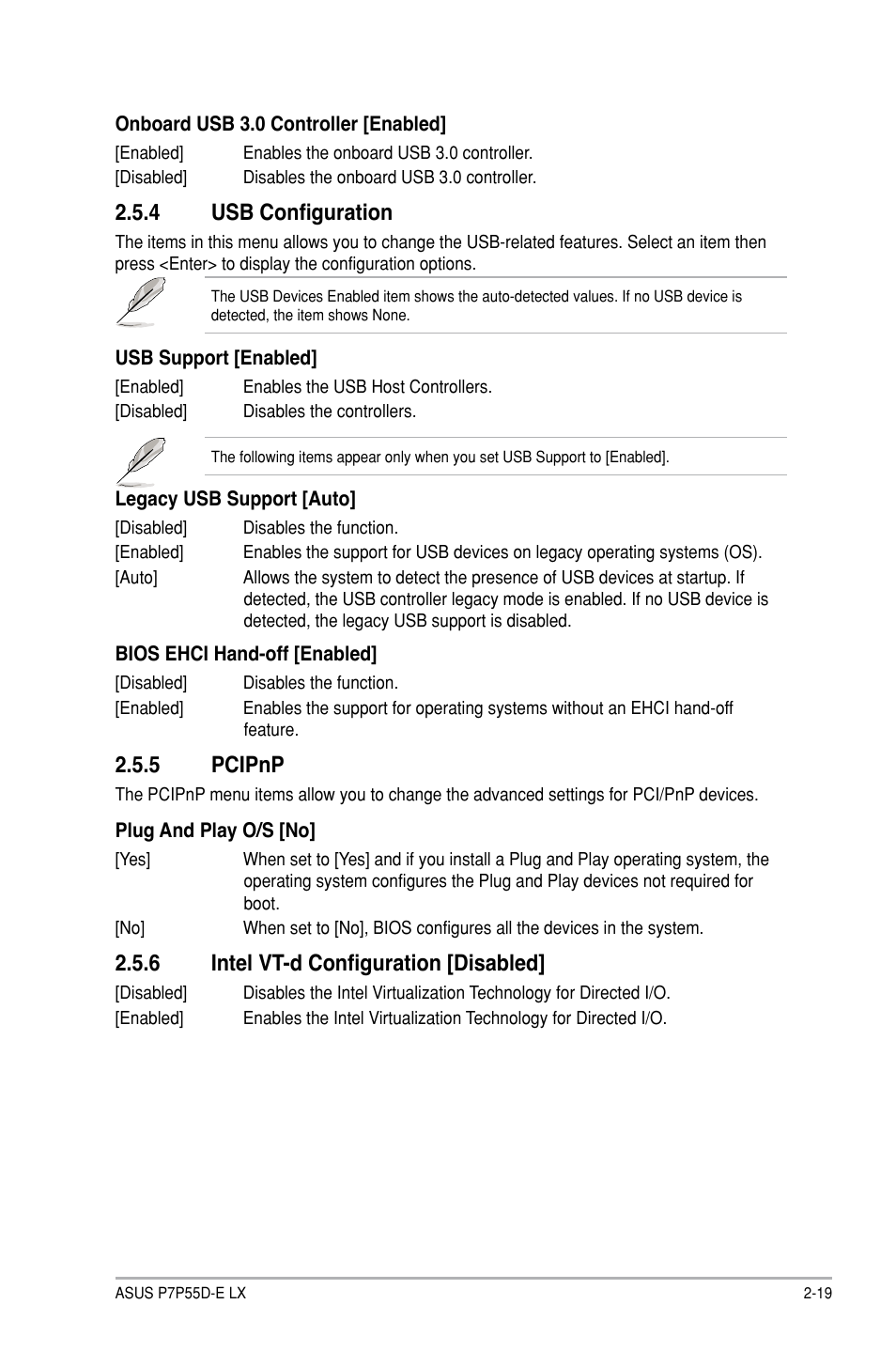 4 usb configuration, 5 pcipnp, 6 intel vt-d configuration [disabled | Usb configuration -19, Pcipnp -19, Intel vt-d configuration -19 | Asus P7P55D-E LX User Manual | Page 61 / 70