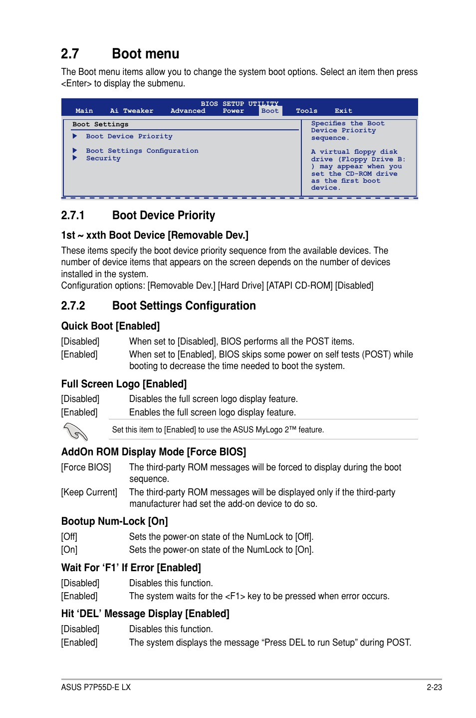 7 boot menu, 1 boot device priority, 2 boot settings configuration | Boot menu -23 2.7.1, Boot device priority -23, Boot settings configuration -23 | Asus P7P55D-E LX User Manual | Page 65 / 70