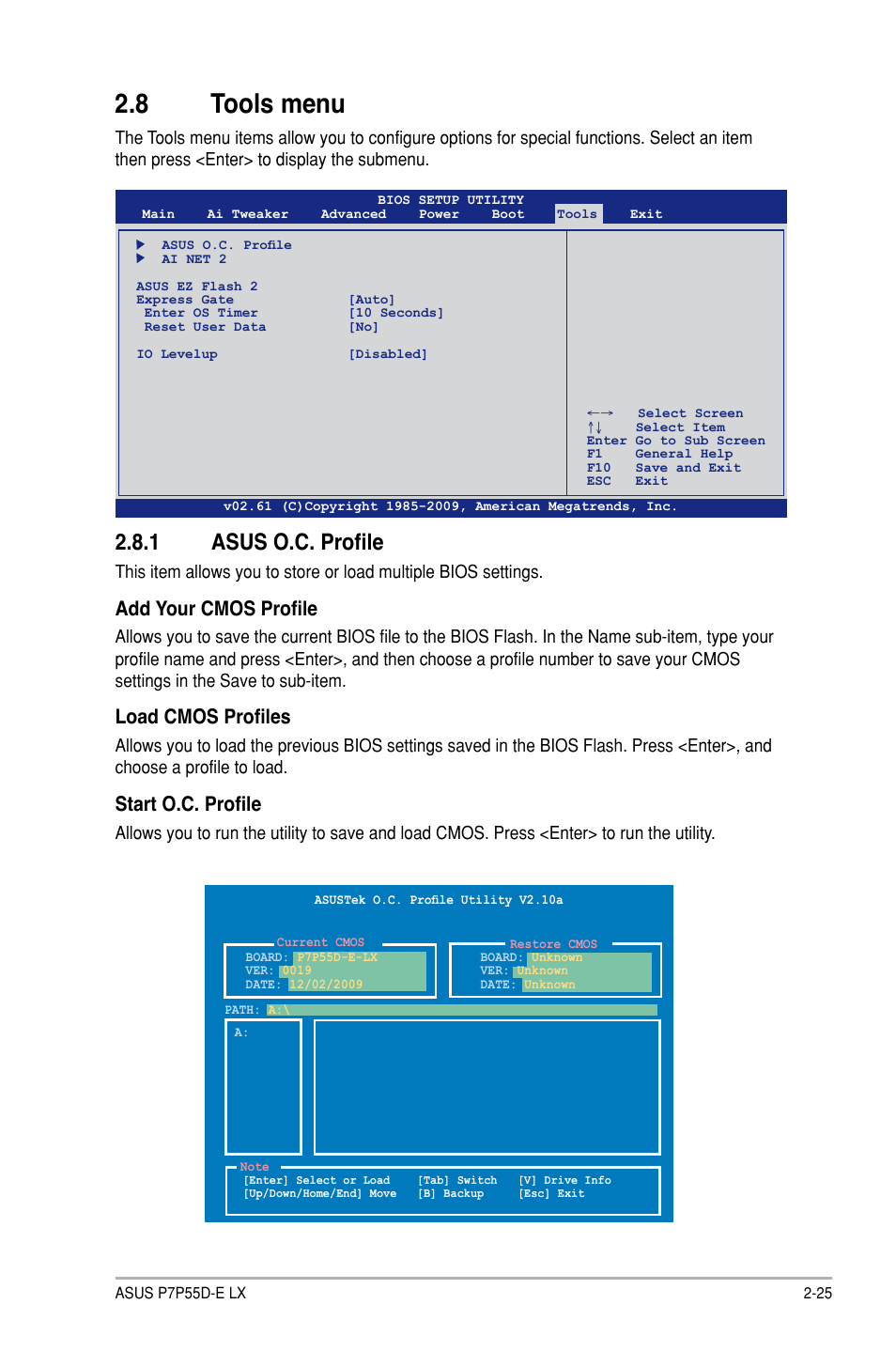 8 tools menu, 1 asus o.c. profile, Tools menu -25 2.8.1 | Asus o.c. profile -25, Add your cmos profile, Load cmos profiles, Start o.c. profile | Asus P7P55D-E LX User Manual | Page 67 / 70