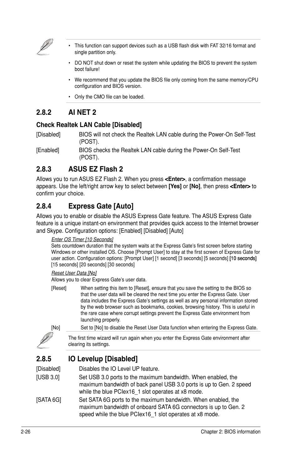 2 ai net 2, 3 asus ez flash 2, 4 express gate [auto | 5 io levelup [disabled, Ai net 2 -26, Asus ez flash 2 -26, Express gate -26, Io levelup -26 | Asus P7P55D-E LX User Manual | Page 68 / 70