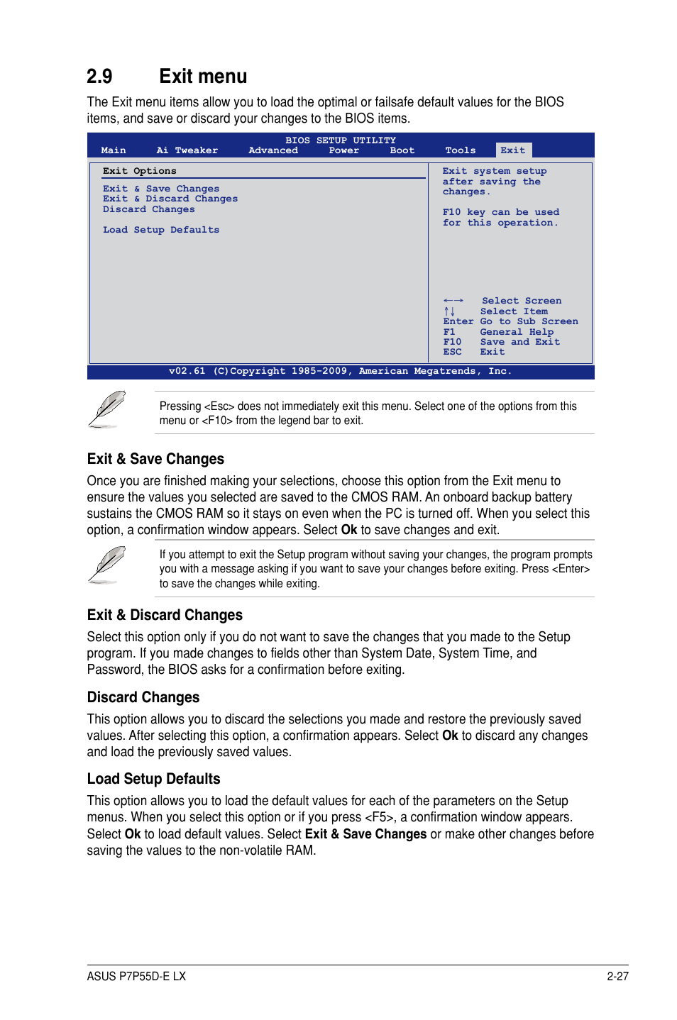 9 exit menu, Exit menu -27, Exit & save changes | Exit & discard changes, Discard changes, Load setup defaults | Asus P7P55D-E LX User Manual | Page 69 / 70