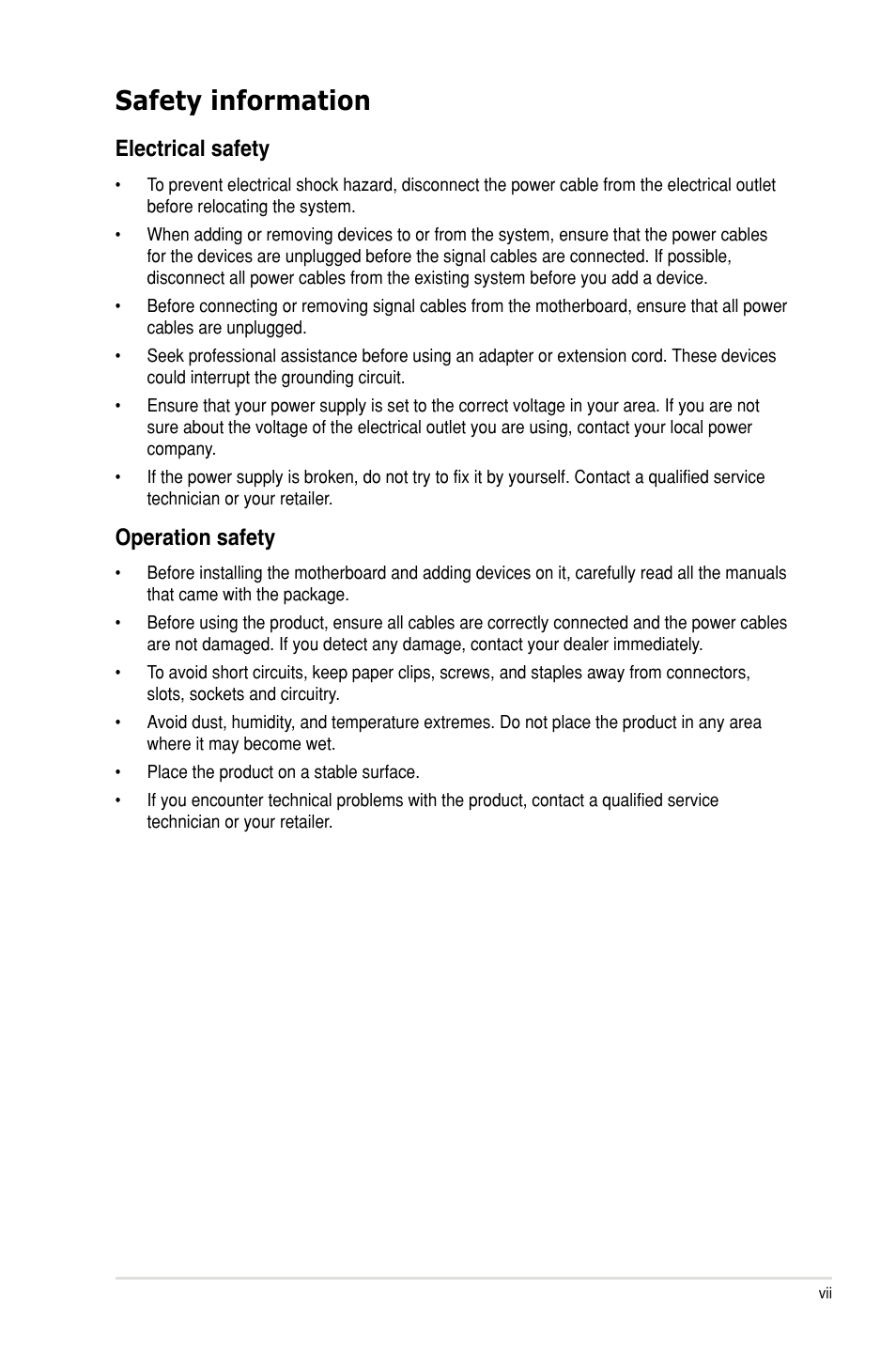 Safety information, Electrical safety, Operation safety | Asus P7P55D-E LX User Manual | Page 7 / 70