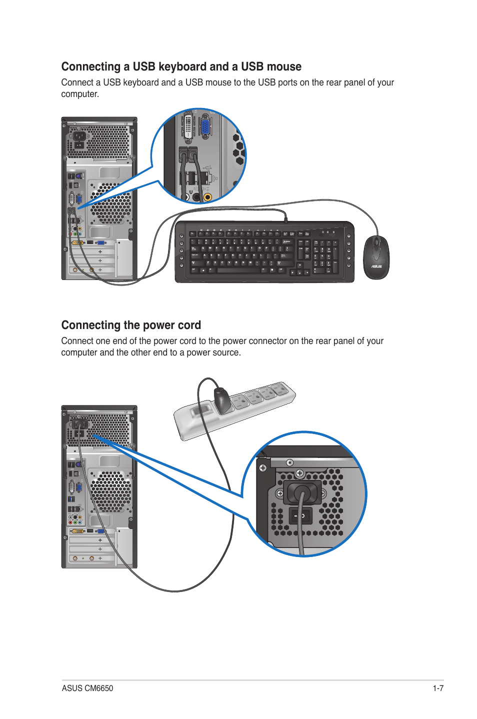 Connecting a usb keyboard and a usb mouse, Connecting the power cord | Asus CM6650 User Manual | Page 16 / 78