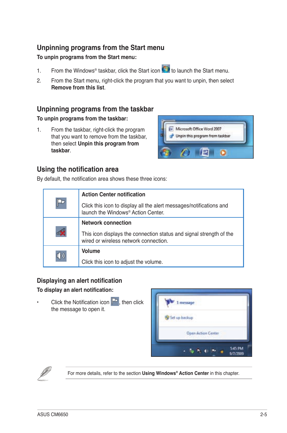 Unpinning programs from the start menu, Unpinning programs from the taskbar, Using the notification area | Asus CM6650 User Manual | Page 22 / 78