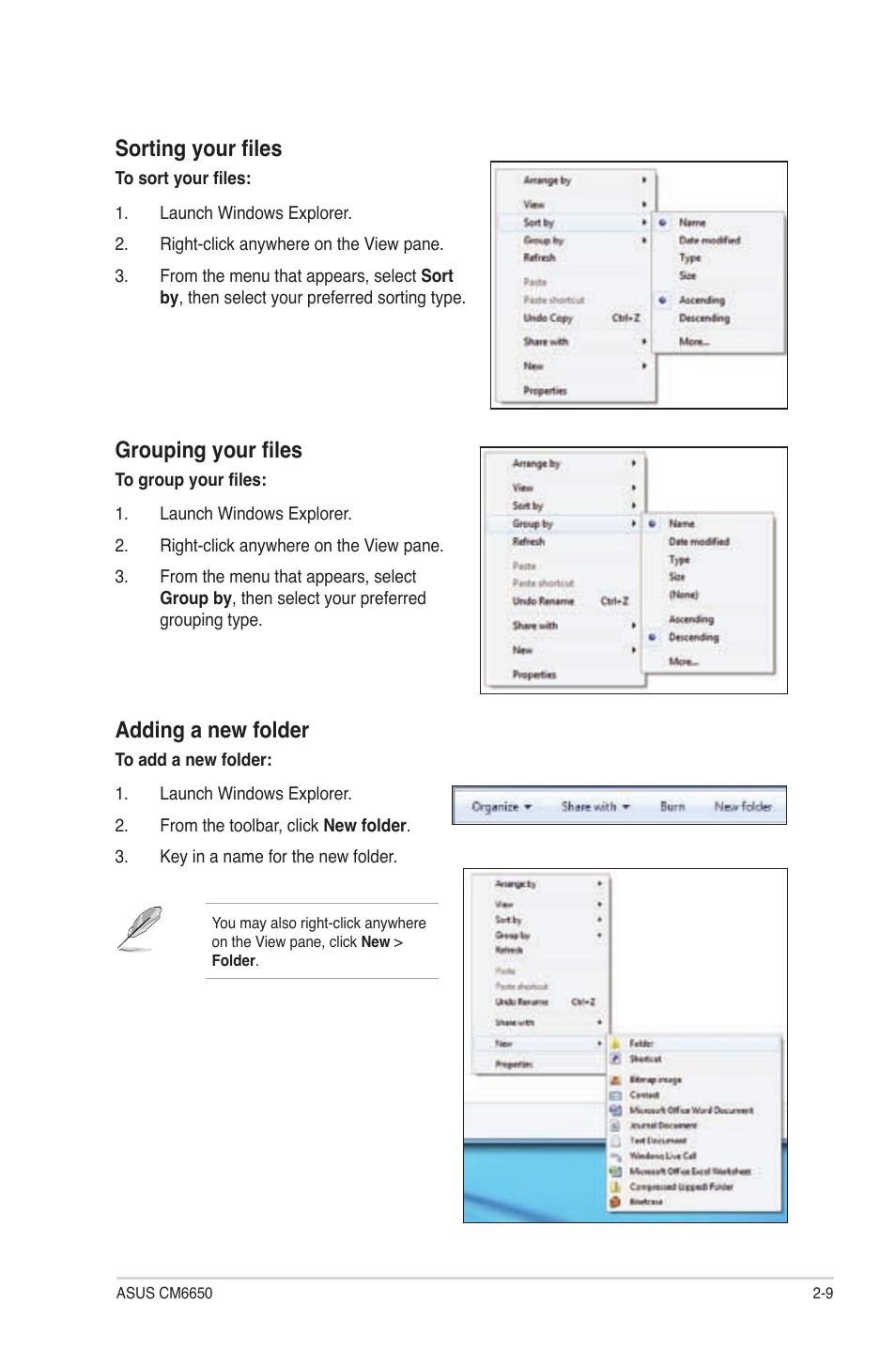 Sorting your files, Grouping your files, Adding a new folder | Asus CM6650 User Manual | Page 26 / 78