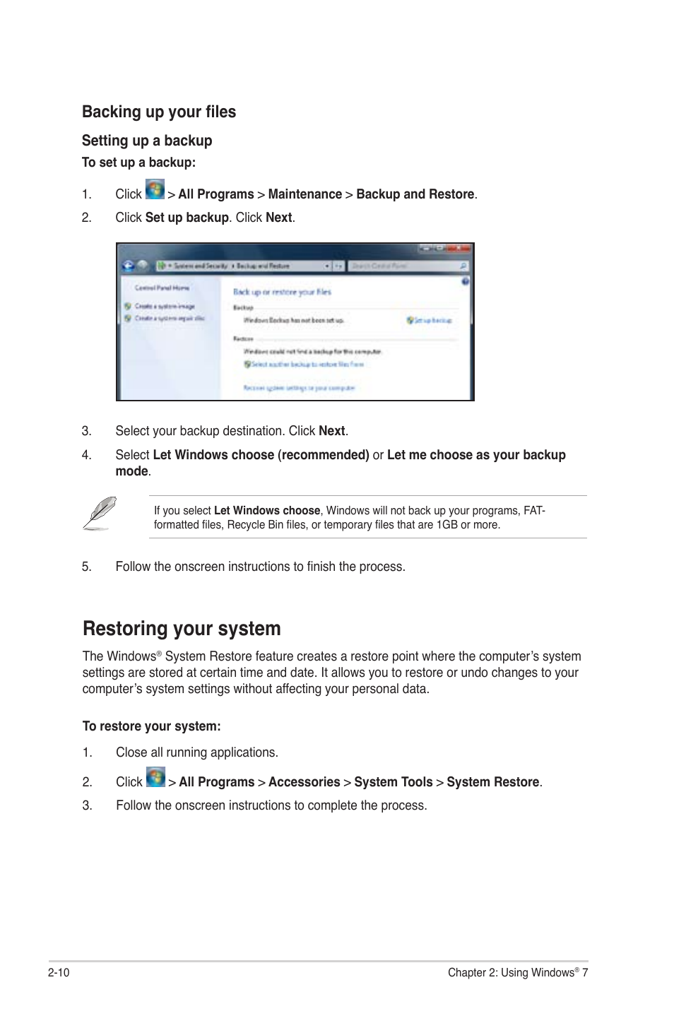 Restoring your system, Restoring your system -10, Backing up your files | Asus CM6650 User Manual | Page 27 / 78