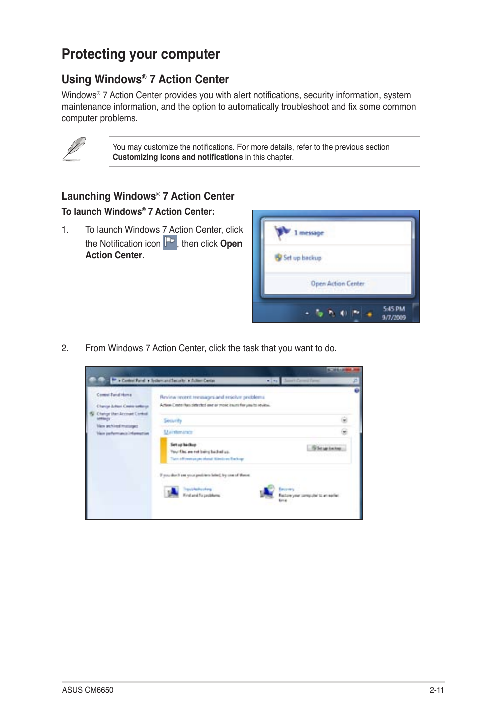 Protecting your computer, Protecting your computer -11, Using windows | 7 action center | Asus CM6650 User Manual | Page 28 / 78