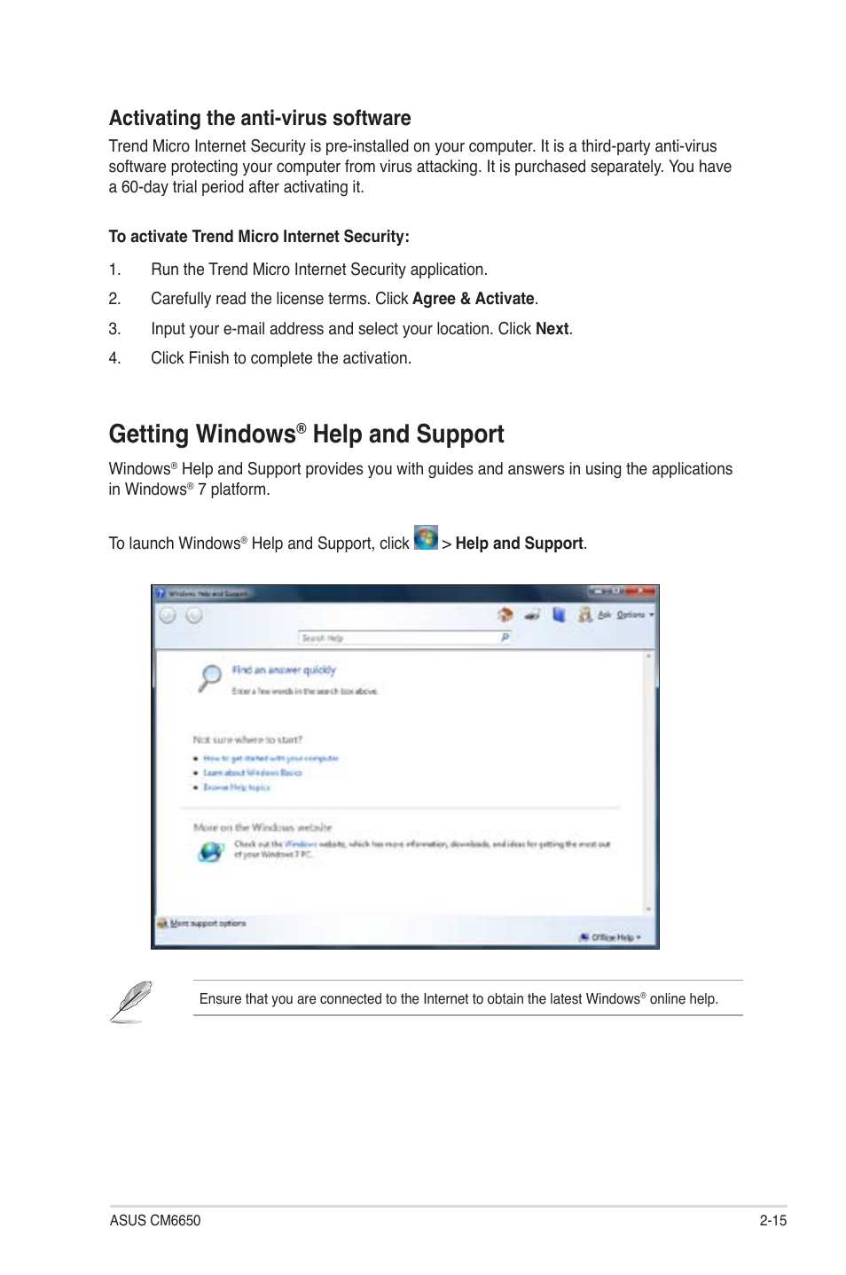 Getting windows® help and support, Getting windows, Help and support -15 | Help and support, Activating the anti-virus software | Asus CM6650 User Manual | Page 32 / 78