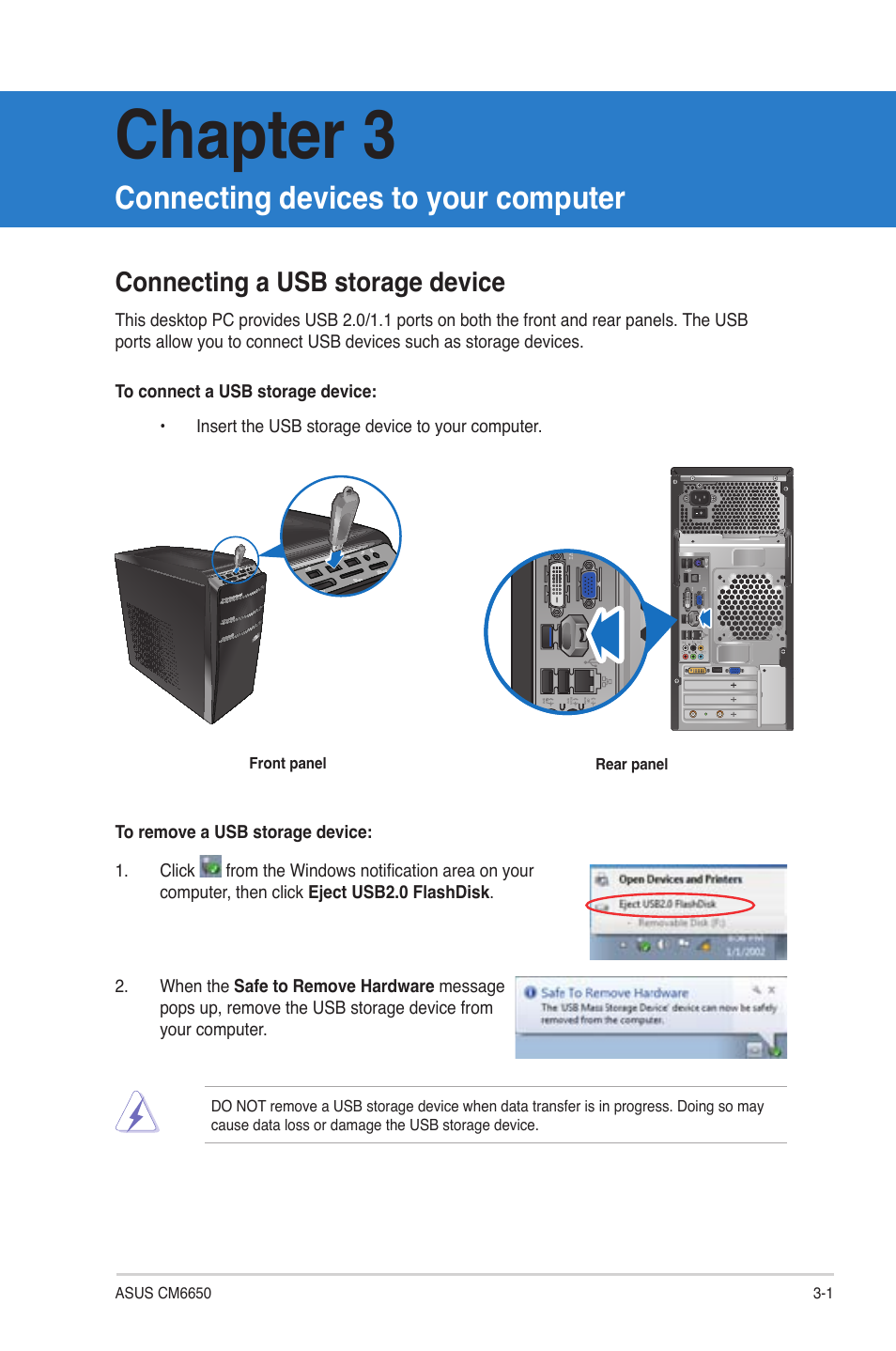 Chapter 3, Connecting devices to your computer, Connecting a usb storage device | Connecting a usb storage device -1 | Asus CM6650 User Manual | Page 33 / 78